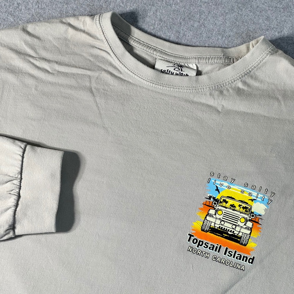 Salty Wave Topsail Island NC Long Sleeve Graphic T-Shirt Mens 2XL Tan Cotton